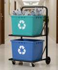 Ultra Heavy Duty Metal Recycling Cart With Butter Smooth Rolling Casters dual tier design holding two bins in a hallway.