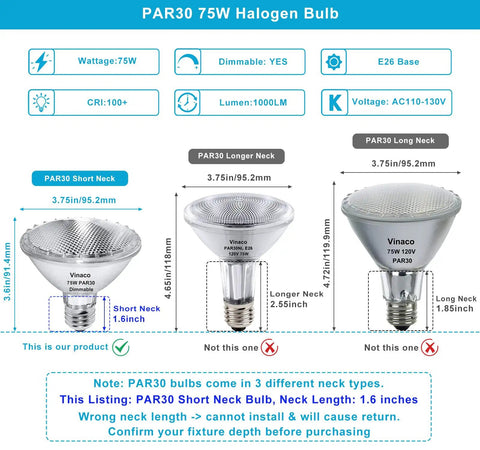 Heavy Duty Par30 Short Neck Flood Bulb Cranks Out A Bold 1000 Lumens Of Smooth 3000k Warm White Glow For Living Rooms And Driveways With Standard E26 Sockets dimensions showing short neck and longer neck options.
