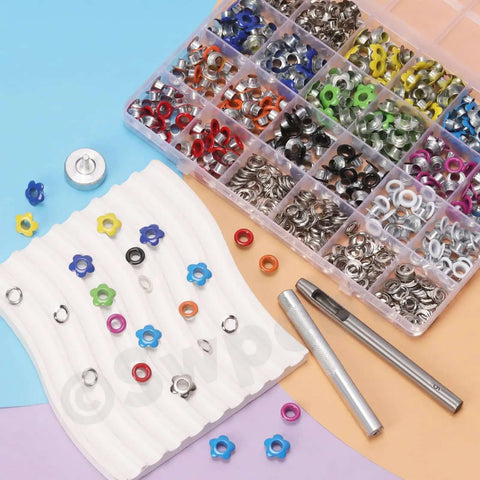 Assortment of multi color 3/16 inch metal flower eyelets and round grommets kit with installation tools for crafting projects.