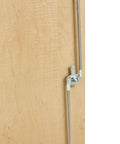 Detail of the hinge on the Top Tier Storage Cabinet For Makerspaces And Classrooms 50X24X53 Light Wood Finish With Chemical Resistant Top.