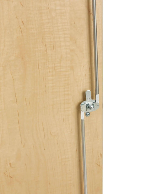 Detail of the hinge on the Top Tier Storage Cabinet For Makerspaces And Classrooms 50X24X53 Light Wood Finish With Chemical Resistant Top.