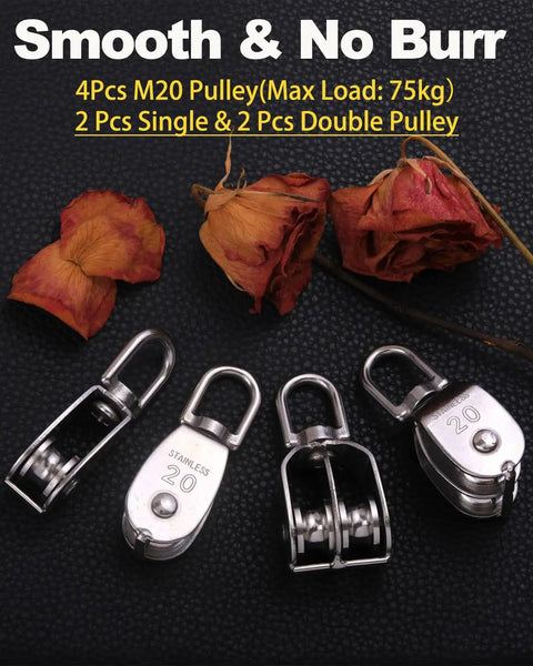 4 Pack M20 Pulley Block Set With 2 Single Pulleys And 2 Double Pulleys, Stainless Steel, Built Tough, Rust And Corrosion Resistant, 360 Degree Rotating, Rugged Shockproof Hardware For Heavy Duty Lifting And Rigging, shown with 75kg load