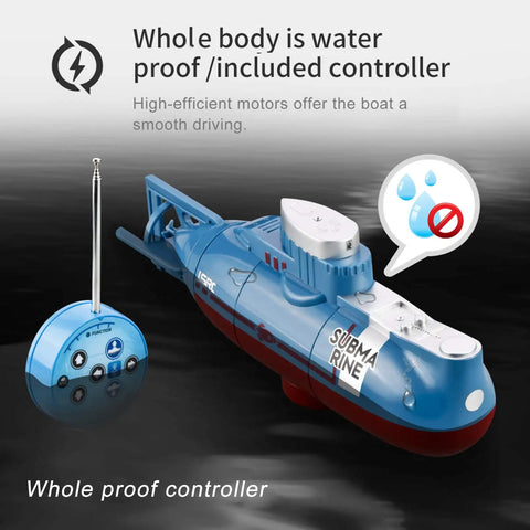 Cool Mini RC Submarine Remote Control Boat Waterproof Diving Toy With 3 Motors For Up Down Forward Back 360 Spin Realistic Dive Action For Pool Beach Outdoor Play Blue shown with waterproof controller