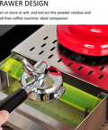 Real Deal Stainless Steel Knock Box For Espresso Machines Heavy Duty Grounds Container with drawer design and green sliding tray.