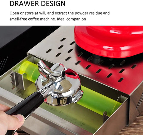 Real Deal Stainless Steel Knock Box For Espresso Machines Heavy Duty Grounds Container with drawer design and green sliding tray.