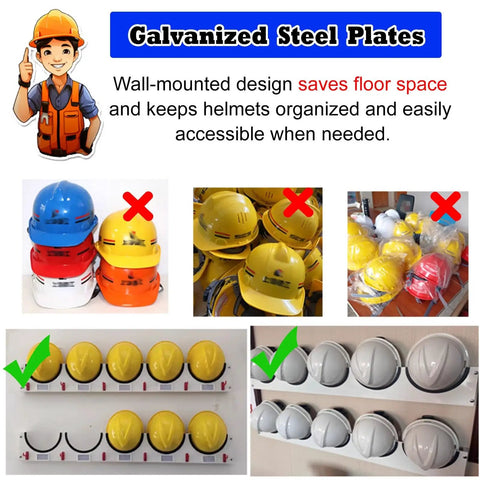 Heavy Duty Wall Mounted Safety Helmet Rack For Job Sites And Workshops Features Beefy Galvanized Steel storing hard hats neatly.