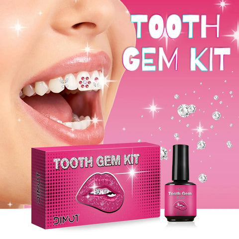 Do It Yourself Tooth Gems Kit With Light At Home Teeth Jewelry Kit For Men And Women Pro Grade Dental Gem Set 2025 New Easy Application Safe Clean Drills Salon Quality Sparkle For Every Smile, showcasing open mouth with applied gems and kit packaging.