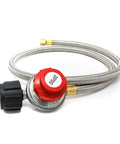 GasOne propane regulator with 4 ft stainless braided hose and red adjustment knob, QCC1 type.