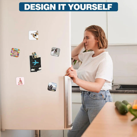 No Sweat DIY Fridge Magnet Button Press Machine With Complete One Hundred Piece Starter Pack For 50 Millimeter Square Photo Crafts And Totally Fresh Kitchen Decor showcased on a fridge with custom magnets.