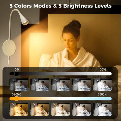 Total Game Changer Led Wall Mount Reading Lamp With Touch Panel And Five Dimmer Settings For Peak Cozy Vibes Includes Usb Charge Port Smart Night Timer And Flexible Gooseneck Design In Clean White, showcasing settings and a user.