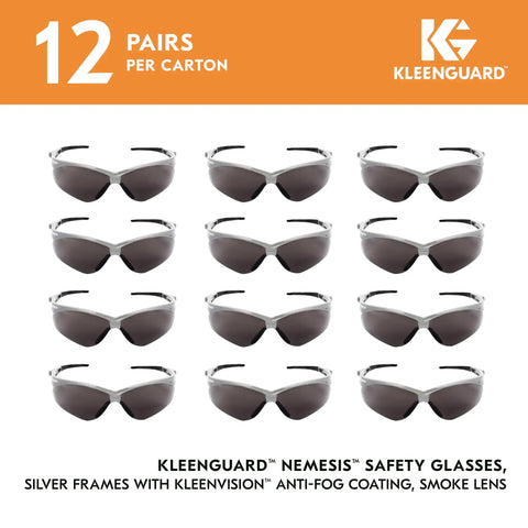 12 pairs of Nemesis Safety Glasses Smoke Anti Fog Lenses With Silver Frame Lightweight And Sporty Design in a case pack