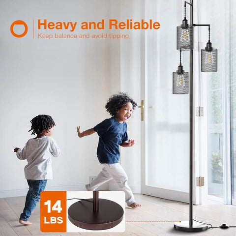 LED Industrial Floor Lamp With Three Cage Heads And Edison Bulbs, Tall Vintage Tree Style Lighting, black finish, next to children playing