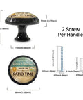 Relax And Unwind Patio Sign Cabinet Knobs 4 Pack Acrylic Round Drawer Pulls with measurements and screws visible.