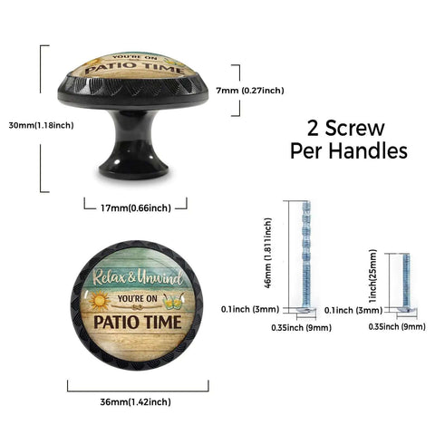 Relax And Unwind Patio Sign Cabinet Knobs 4 Pack Acrylic Round Drawer Pulls with measurements and screws visible.