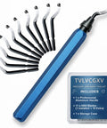 Heavy Duty 11 Blade HSS Deburring Tool Kit For Metal And PVC showing ergonomic blue aluminum handle and spare blades in storage case.