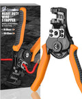 Heavy Duty Wire Stripper And Cutter For Electricians, Self-Adjusting, shown with pack box, pro-grade alloy blade, orange handles