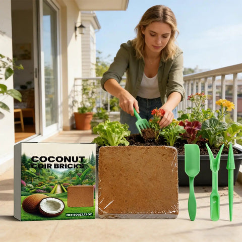 Woman gardening with Planting Brick Compressed Fiber Reusable Mulch For Transplanting And Hydroponics, Potting Mix Blocks shown