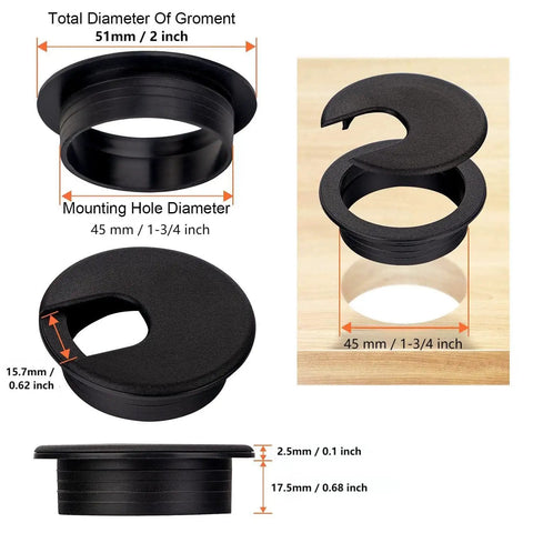 10 Pack Round Plastic Desk Grommets For Wire Management, Black Cable Hole Covers For Office Desks, TV Stands And Tabletops, 45 Mm Diameter, Durable, Easy Remove Lip Keeps Cables Neat, black desk grommet with 45 mm mounting hole and 51 mm outer diameter