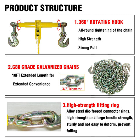 Diagram showcasing Heavy Duty Ratchet Load Binder and Chain Set 5/16 to 3/8 Inch G80 Chains features and structure