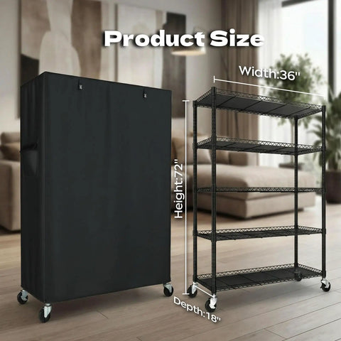 Heavy Duty Wire Shelving Unit With Wheels And 600D Oxford Cover, 36-Inch By 18-Inch By 72-Inch, Upward Facing Safety Wave Edge Design, Sturdy 19mm Metal Rods And Reinforced Panels For Stable Garage Storage, shown with cover and open frame