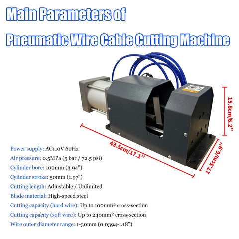 Heavy Duty Pneumatic Wire Cable Cutting Machine With 50Mm Stroke And 110V Ac Power, features 100mm bore, adjustable blade length.