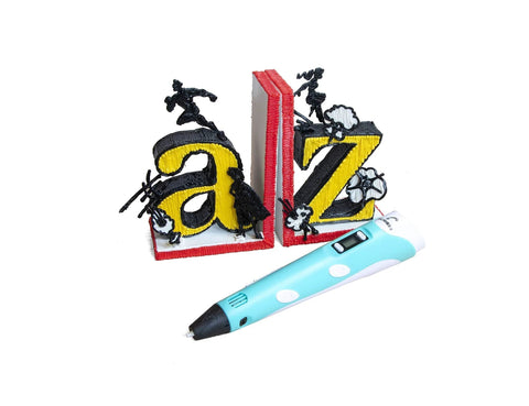 3D Printing Pen With Display And Starter PLA, Stencil Book Plus Project Guide shown with 3D printed 'a' and 'z' bookends