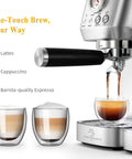 Close-up of Straight Up Premium Barista Grade Semi Automatic Espresso Machine With Self Cleaning Milk Frother brewing espresso with two layered cups.