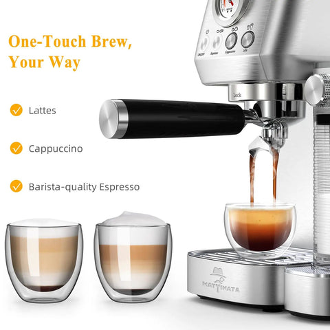 Close-up of Straight Up Premium Barista Grade Semi Automatic Espresso Machine With Self Cleaning Milk Frother brewing espresso with two layered cups.