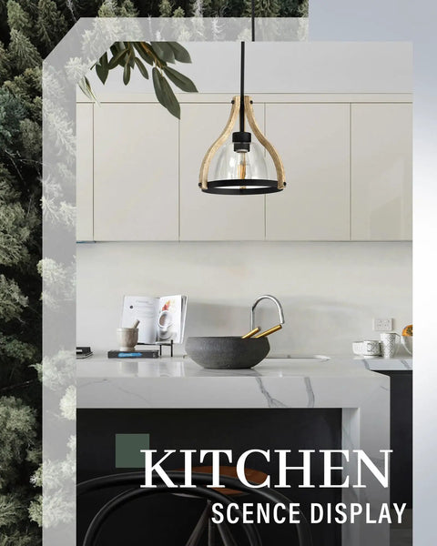 Farmhouse Walnut Wood Pendant Light With Black Glass Shade Adjustable Length Dimmable Industrial Kitchen Island Lighting Modern Rustic Pendant Fixture For Dining Room Vibe.