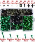 Green Motorcycle Bolt Kit With Washers And Nuts For CBR Series Ride Ready Bodywork Screws Mounting Fasteners Set For CBR400RR CBR1100XX CBR1100RR CBR954RR And CBR900RR, assorted M5-M8 kit