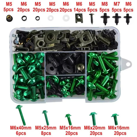 Bike Bolt Kit With Washers And Nuts, Heavy Duty Motorcycle Screws Assortment For KLE650 ER6F ER6N H2SE H2SX, body fasteners set with M5-M8 green steel bolts and clips