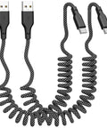 Retractable Braided USB A To USB C Car Charger Cables 2 Pack 3 Ft Ultra Fast Charge Grey Tangle Free Coiled Design