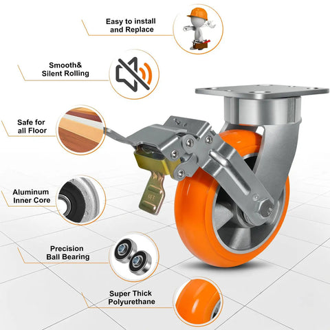 6X2 Inch Real Heavy Duty Casters Rolling Smooth As Butter On The Shop Floor, Kingpinless Crowned Polyurethane Tread With Solid Aluminum Core Wheel, Rust Proof Build Handles Massive 2500 Pound Loads Easy close-up of caster wheel showing aluminum core and polyurethane tread.