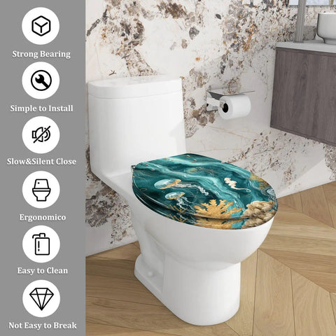 Elongated Resin Toilet Seat for Bathroom on a toilet with a marine design, 14.5" x 18.5", easy to clean and install.