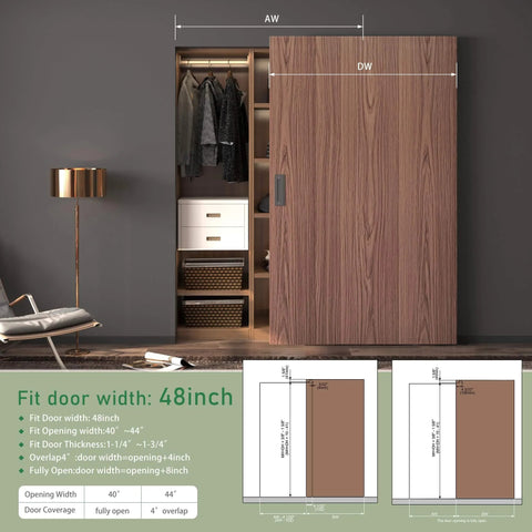 Concealed Barn Door Hardware Kit With Soft Close, Invisible Wall Mount Aluminum Track For Smooth Hidden Sliding, Fits Door Openings 40 To 44 Inches, Door Not Included, No Fuss Easy Install And Durable Aluminum System. Image showing wooden sliding door in modern living space.