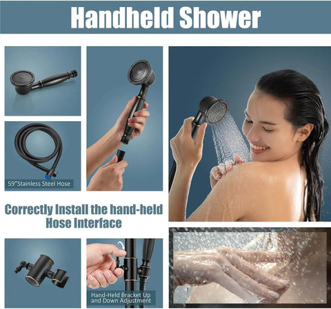 Woman using Oil Rubbed Bronze Shower Faucet Set With Hand Sprayer And Tub Spout 12 Inch Extension Tube Included 8 Inch Rainfall