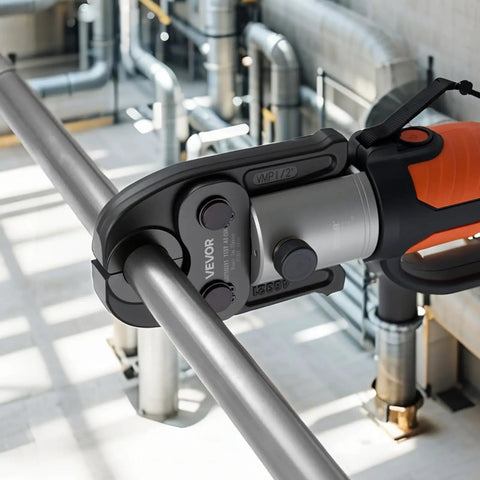 VEVOR 7 Piece VMP Pressing Kit With 3540 Actuator And Jaws For 1/2 To 2 Inch Carbon Steel Piping in use on steel pipe.