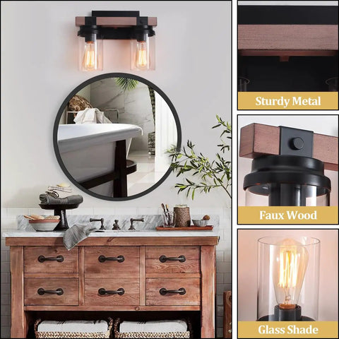 Two Light Farmhouse Vanity Light Over Mirror With Faux Wood Grain Finish, Rustic Vintage Bathroom Wall Sconces in rustic decor