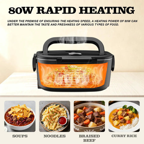 Electric Heated Lunch Box For Adults With 80W Fast Heating And 1.5L Food Grade Stainless Steel Portable Warmer displaying interior with food