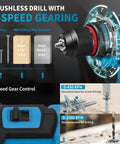 21V Brushless Cordless Drill Set With Fast Charging 2Ah Batteries Heavy Duty Power Drill And Screwdriver Kit For Home Reno Garden And DIY Projects 119 Piece, highlighting 2-speed gearing and max drilling hole diameter.