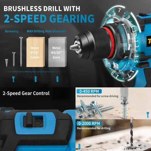 21V Brushless Cordless Drill Set With Fast Charging 2Ah Batteries Heavy Duty Power Drill And Screwdriver Kit For Home Reno Garden And DIY Projects 119 Piece, highlighting 2-speed gearing and max drilling hole diameter.