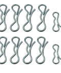 Image of ten metal clips from the Pro Grade Bow Tie Deck Clip Set For Husqvarna Replacement Kit Ten Pieces Includes Eight 194209 Clips 7/16 Inch And Two 194208 Clips 5/16 Inch Bow Tie Lock Cotter Pins Easy Install.