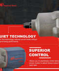 Close-up of half inch drive Quiet Tech air impact wrench with titanium case, featuring 1300 ft lbs torque for pro-grade assembly.