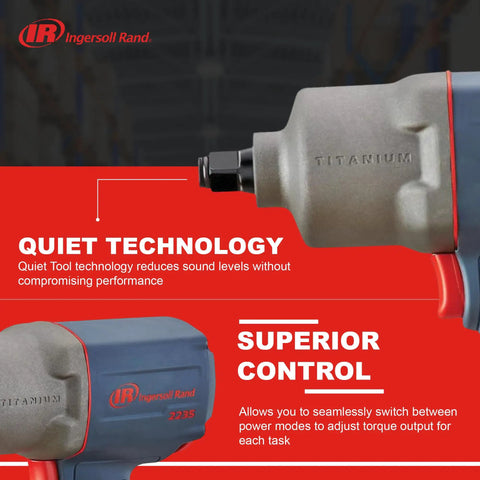Close-up of half inch drive Quiet Tech air impact wrench with titanium case, featuring 1300 ft lbs torque for pro-grade assembly.