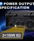 Rear panel of Powerful 150W X2 Gig-Ready Powered Mixer showing power output and connector details for live sound system