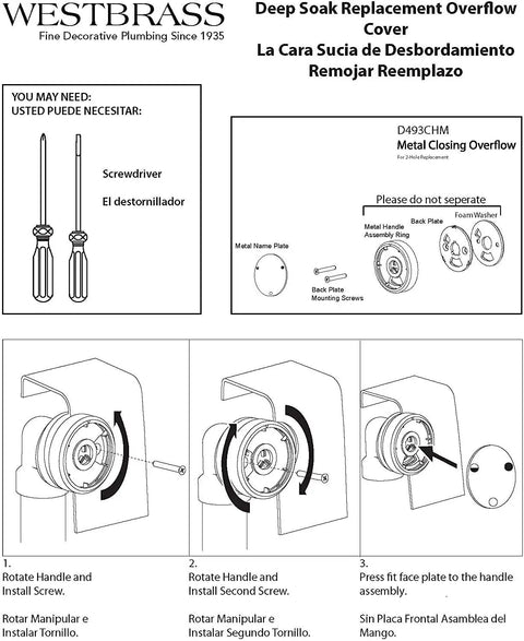Rock Solid Bathtub Overflow Drain Cover With Deep Soak Round Profile installation instructions with diagrams and parts labeled.