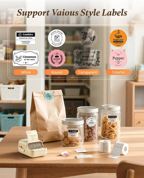 Smooth Sailing With This Sleek Portable Bluetooth Thermal Label Printer Sporting Inkless Tech And No Sweat Setup For Home Office Business Shipping Storage Includes Wireless App Auto Detect Sensor And Long Battery Plus 50X30Mm Labels showcasing various label styles on jars and bag.