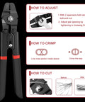 Diagram of All-In-One 328ft Wire Rope Crimping Tool Kit With Heavy-Duty Crimp Tool Black Vinyl Coated 7x7 1.5mm Wire, 200 Aluminum Crimp Sleeves And 20 Stainless Steel Thimbles For DIY Rigging And Pro Grade Results with instructions for adjusting, crimping, and cutting.