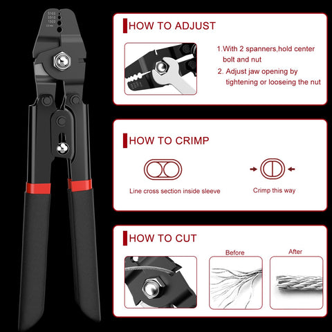 Diagram of All-In-One 328ft Wire Rope Crimping Tool Kit With Heavy-Duty Crimp Tool Black Vinyl Coated 7x7 1.5mm Wire, 200 Aluminum Crimp Sleeves And 20 Stainless Steel Thimbles For DIY Rigging And Pro Grade Results with instructions for adjusting, crimping, and cutting.