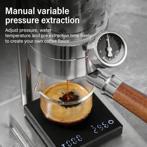 Manual variable pressure extraction from the portable manual lever espresso maker featuring 58 mm stainless steel portafilter.